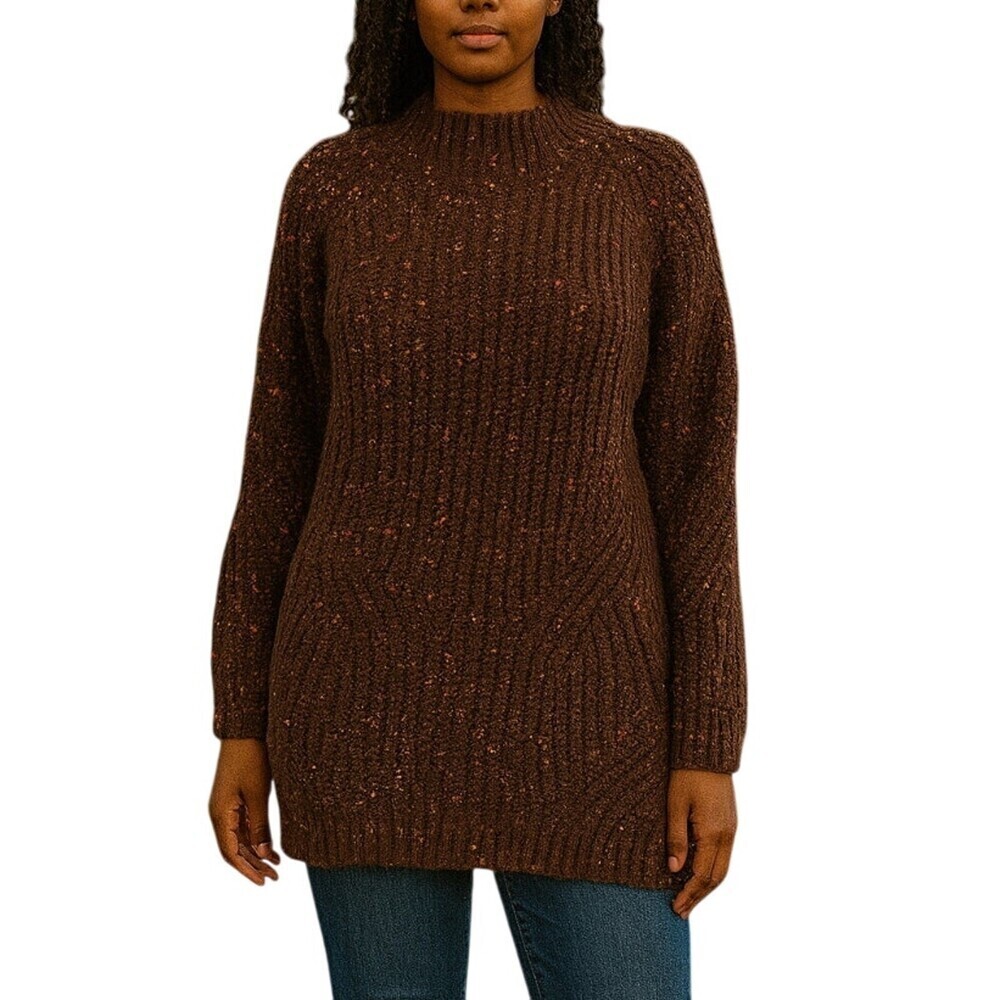 Talbots sweater ribbed chunky chocolate brown speckled mock neck SZ XL Petite